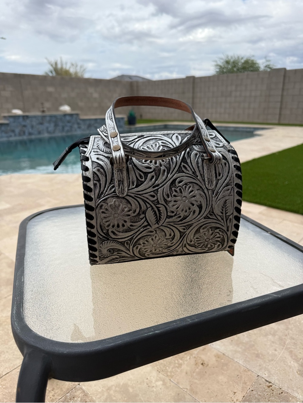 Mini Speedy-Genuine Leather, hand painted - Silver/Black